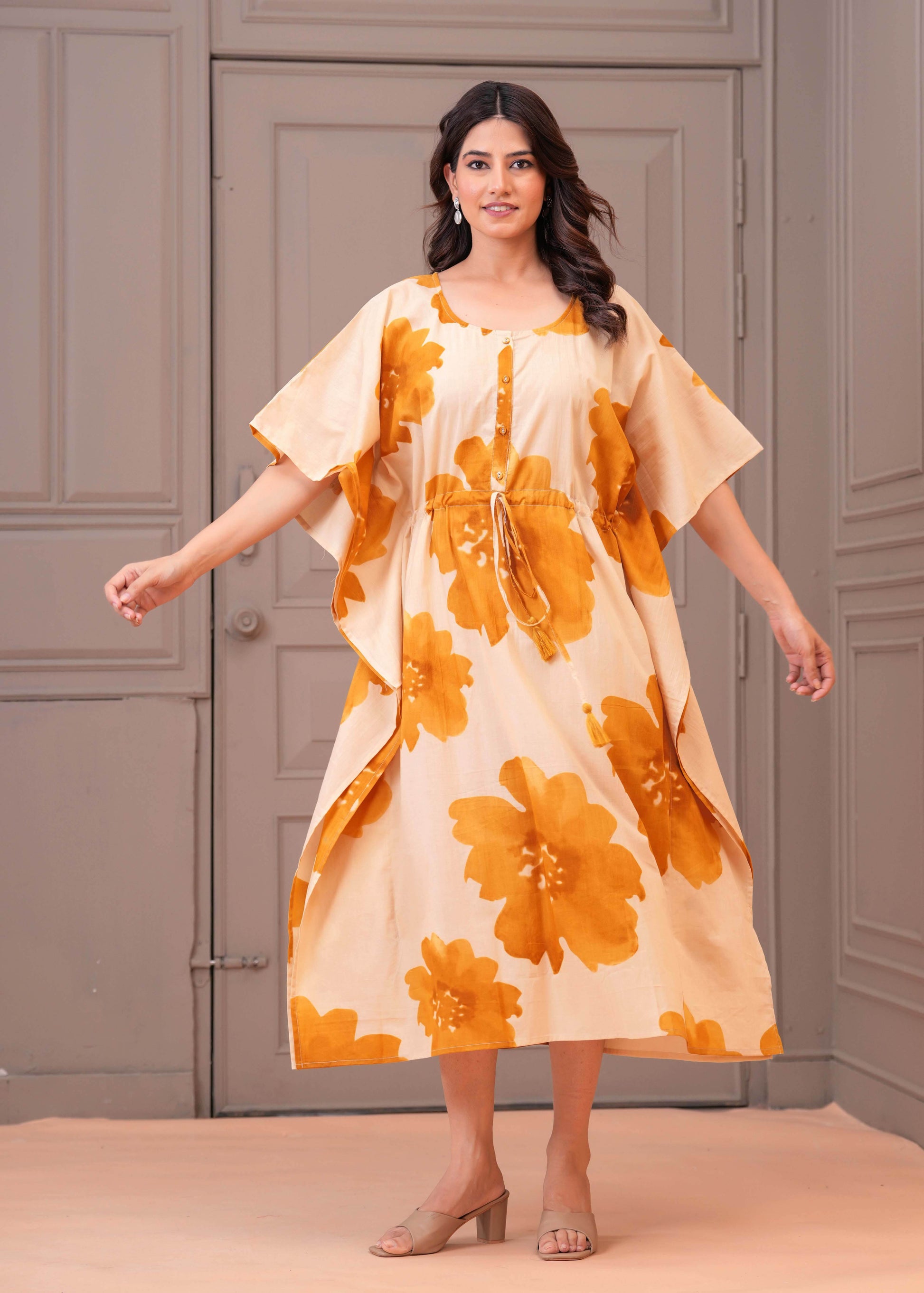 Mustard Floral Printed Kaftaan Maternity Dress for Women | LASVINI - Redefining Indian Fashion with Elegance