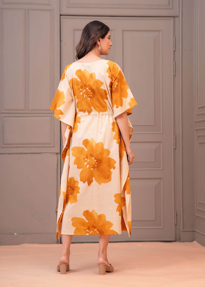 Mustard Floral Printed Kaftaan Maternity Dress for Women | LASVINI - Redefining Indian Fashion with Elegance