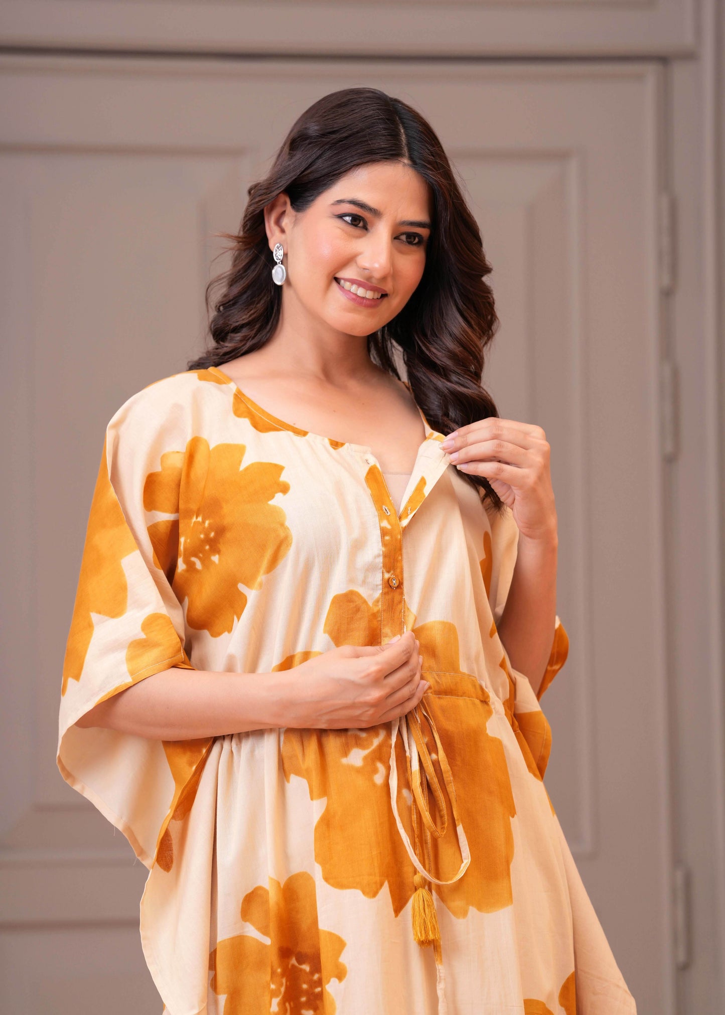 Mustard Floral Printed Kaftaan Maternity Dress for Women | LASVINI - Redefining Indian Fashion with Elegance
