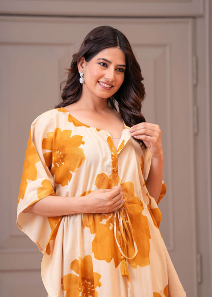 Mustard Floral Printed Kaftaan Maternity Dress for Women | LASVINI - Redefining Indian Fashion with Elegance
