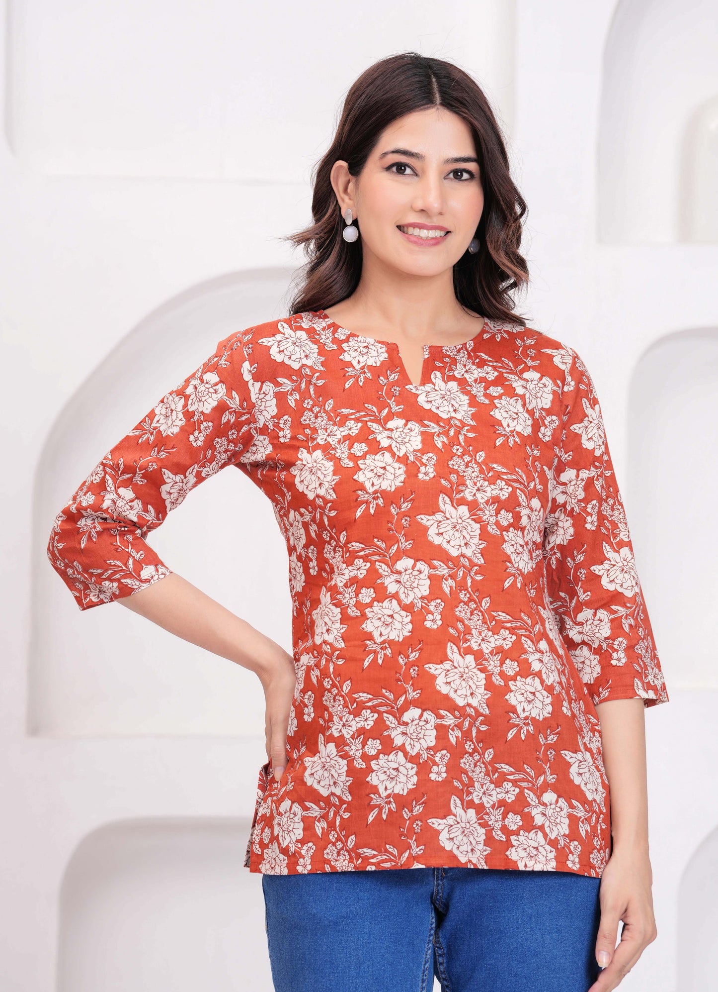 Rust Floral Printed Tunic for Women | LASVINI - Redefining Indian Fashion with Elegance