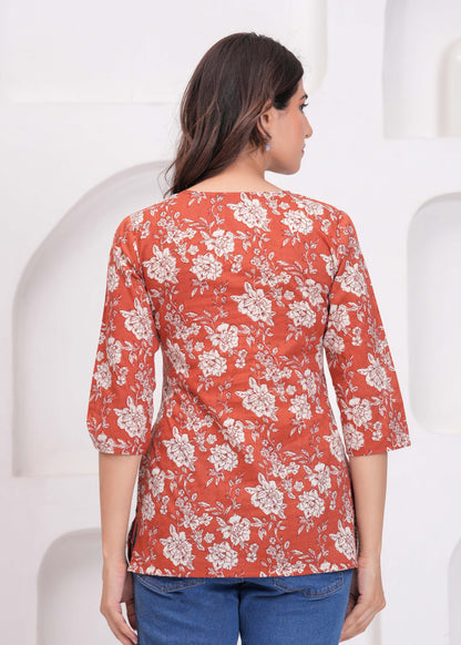 Rust Floral Printed Tunic for Women | LASVINI - Redefining Indian Fashion with Elegance