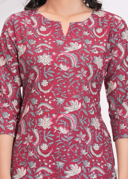 Maroon Floral Printed Straight Tunic for Women | LASVINI - Redefining Indian Fashion with Elegance