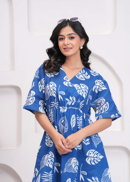 Blue Printed Midi Dress for Women | LASVINI - Redefining Indian Fashion with Elegance