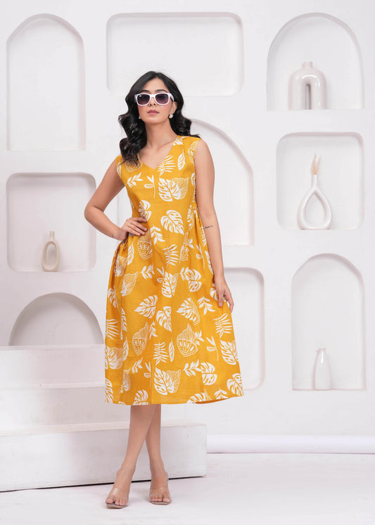 Yellow Printed Midi Dress for Women | LASVINI - Redefining Indian Fashion with Elegance