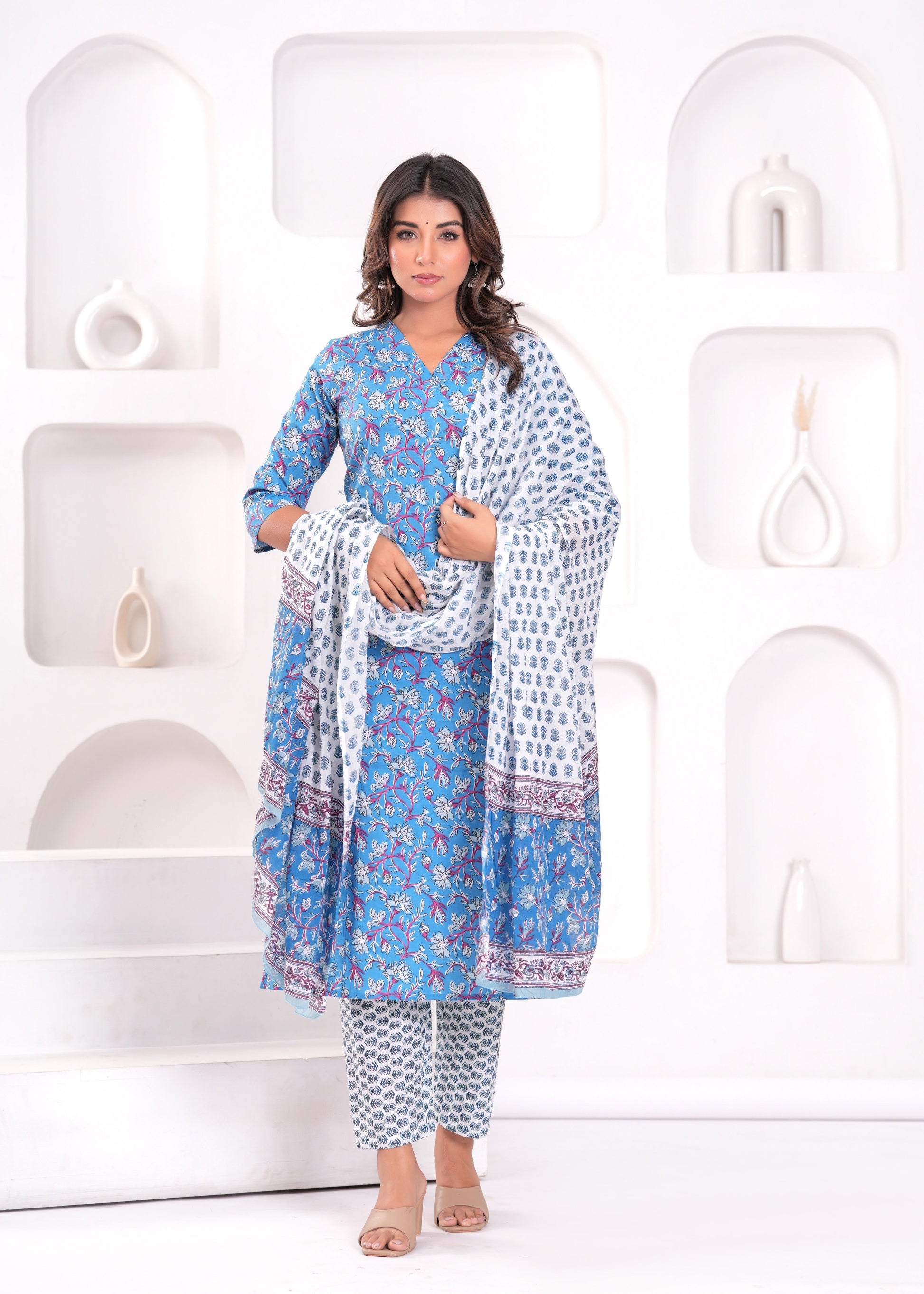 Blue Printed Kurta Set with Dupatta for Women | LASVINI - Redefining Indian Fashion with Elegance