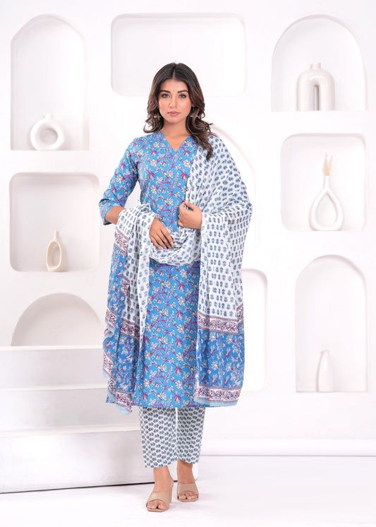 Blue Printed Kurta Set with Dupatta for Women | LASVINI - Redefining Indian Fashion with Elegance