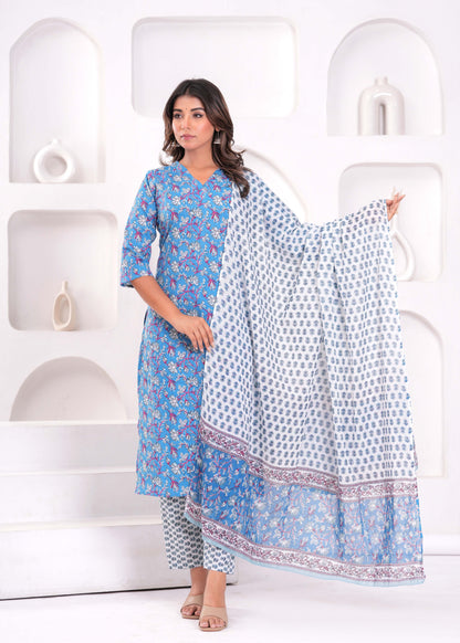 Blue Printed Kurta Set with Dupatta for Women | LASVINI - Redefining Indian Fashion with Elegance