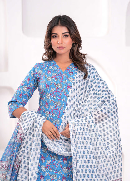 Blue Printed Kurta Set with Dupatta for Women | LASVINI - Redefining Indian Fashion with Elegance