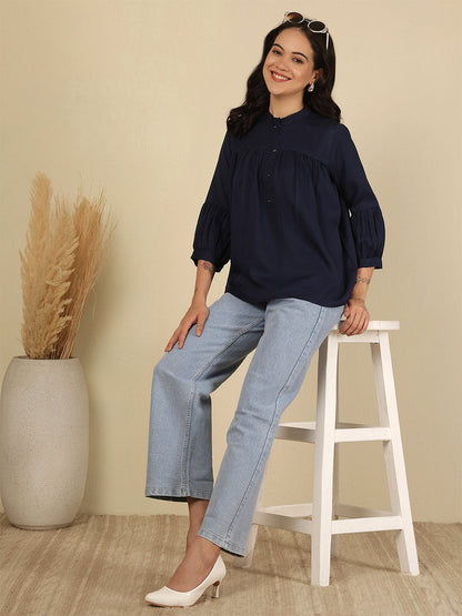 Navy Blue Solid Top for Women | LASVINI - Redefining Indian Fashion with Elegance