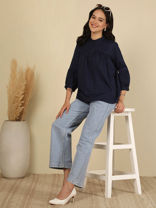 Navy Blue Solid Top for Women | LASVINI - Redefining Indian Fashion with Elegance