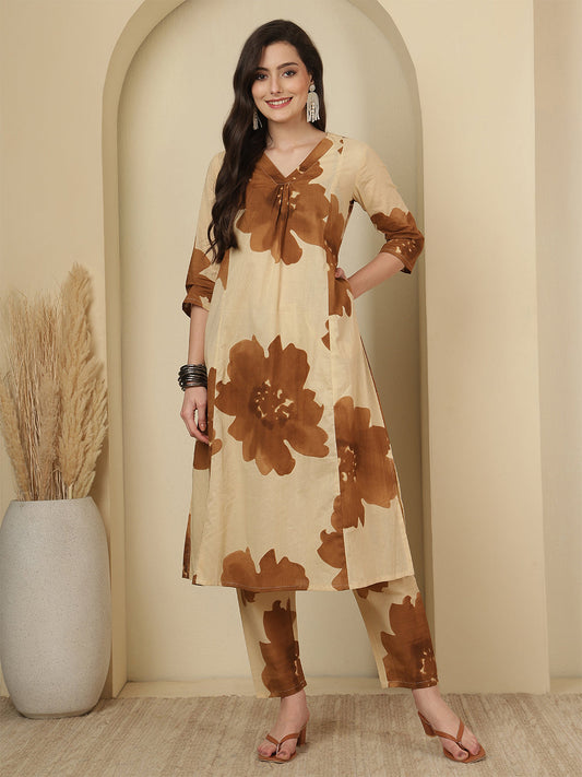 Beige Floral Printed Co-Ord Set for Women | LASVINI - Redefining Indian Fashion with Elegance