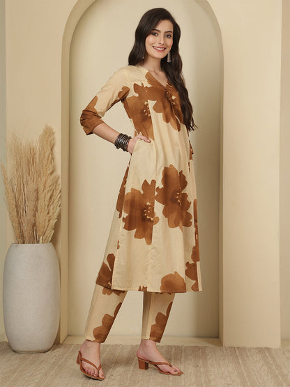 Beige Floral Printed Co-Ord Set for Women | LASVINI - Redefining Indian Fashion with Elegance