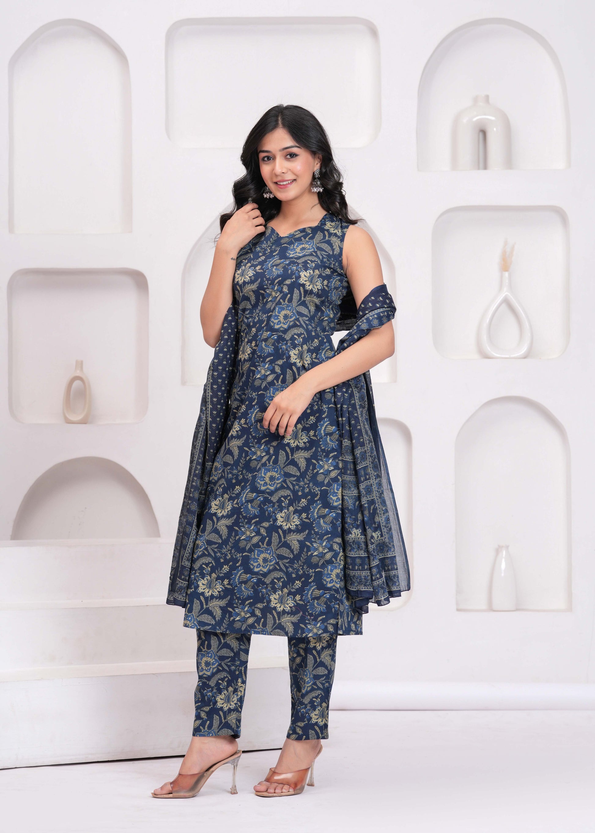 Blue Floral Printed Kurta Set with Dupatta for Women | LASVINI - Redefining Indian Fashion with Elegance
