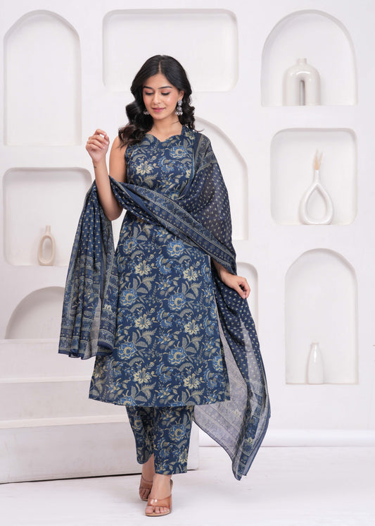 Blue Floral Printed Kurta Set with Dupatta for Women | LASVINI - Redefining Indian Fashion with Elegance