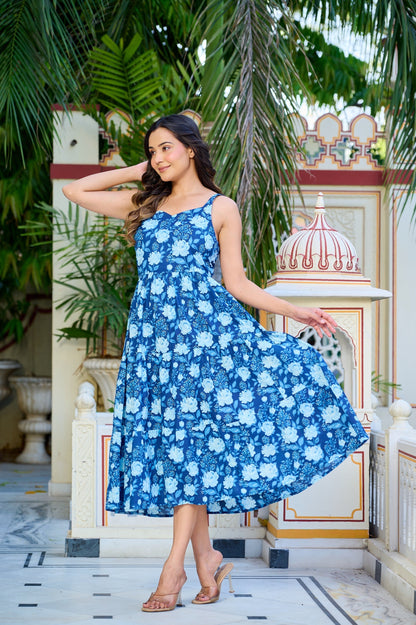 Blue Floral Printed Tired Dress for Women | LASVINI - Redefining Indian Fashion with Elegance
