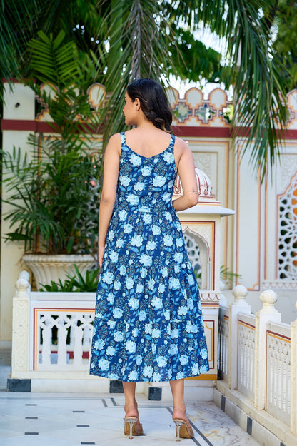 Blue Floral Printed Tired Dress for Women | LASVINI - Redefining Indian Fashion with Elegance