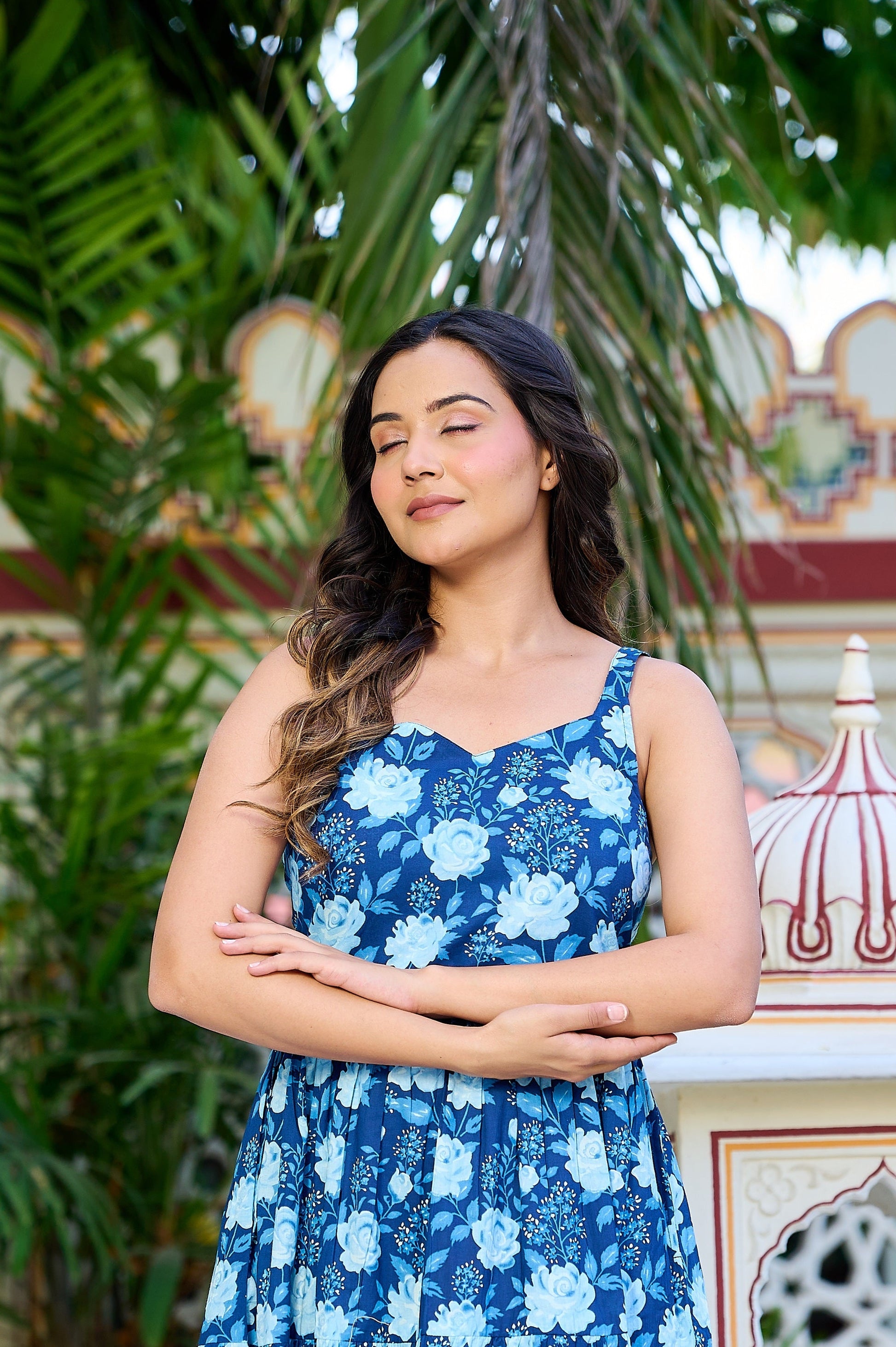 Blue Floral Printed Tired Dress for Women | LASVINI - Redefining Indian Fashion with Elegance