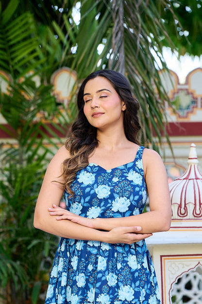 Blue Floral Printed Tired Dress for Women | LASVINI - Redefining Indian Fashion with Elegance