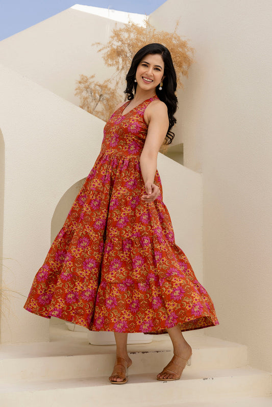 Printed Rust Halter Neck Dress for Women | LASVINI - Redefining Indian Fashion with Elegance