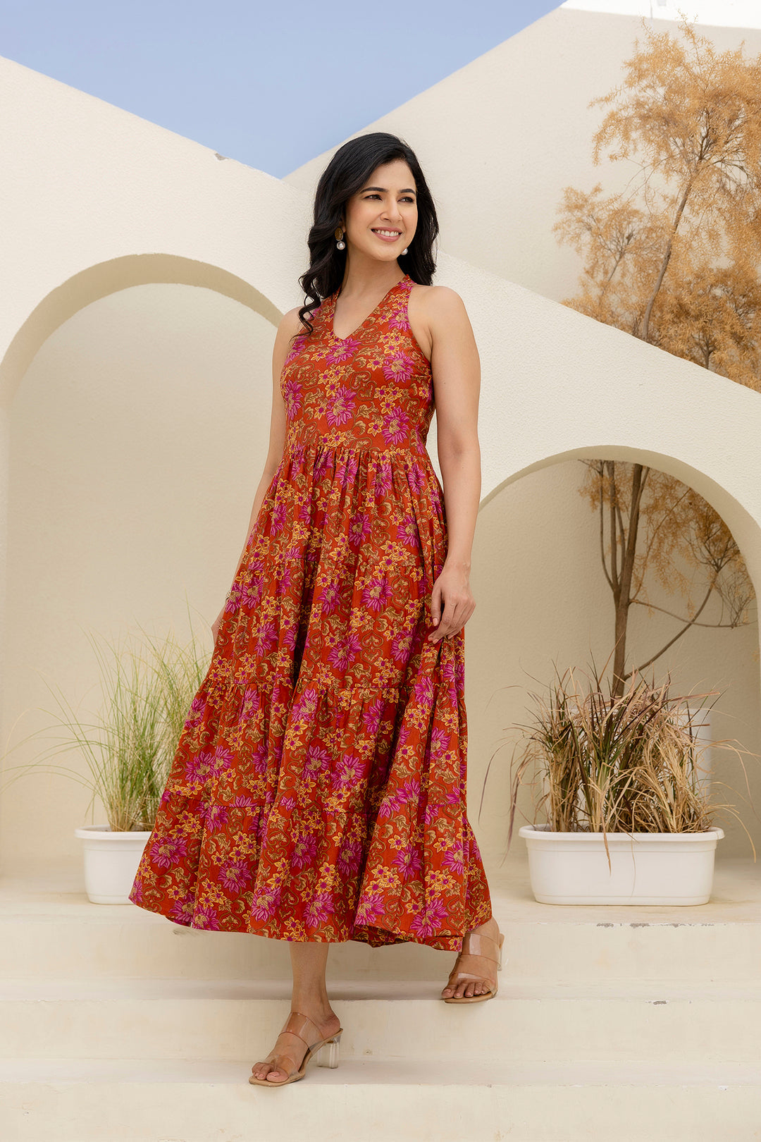 Printed Rust Halter Neck Dress for Women | LASVINI - Redefining Indian Fashion with Elegance