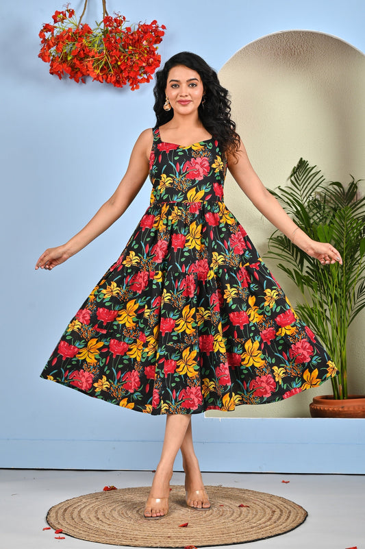 Black Floral Printed Dress for Women | LASVINI - Redefining Indian Fashion with Elegance