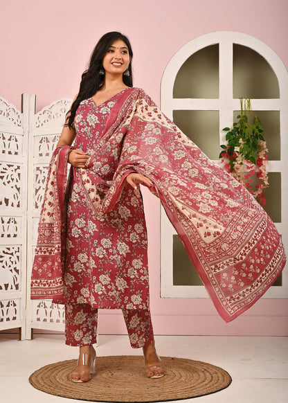 Mauve Floral Printed Kurta Set with Dupatta for Women | LASVINI - Redefining Indian Fashion with Elegance