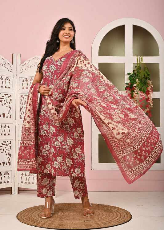 Mauve Floral Printed Kurta Set with Dupatta for Women | LASVINI - Redefining Indian Fashion with Elegance