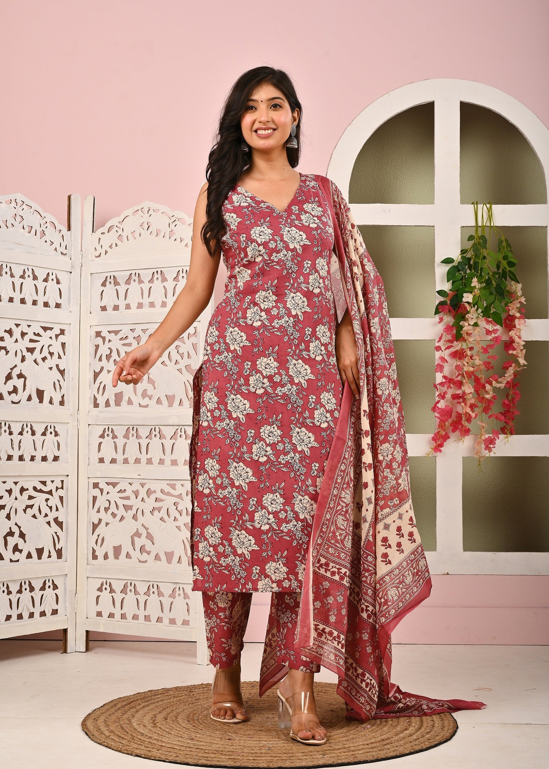 Mauve Floral Printed Kurta Set with Dupatta for Women | LASVINI - Redefining Indian Fashion with Elegance