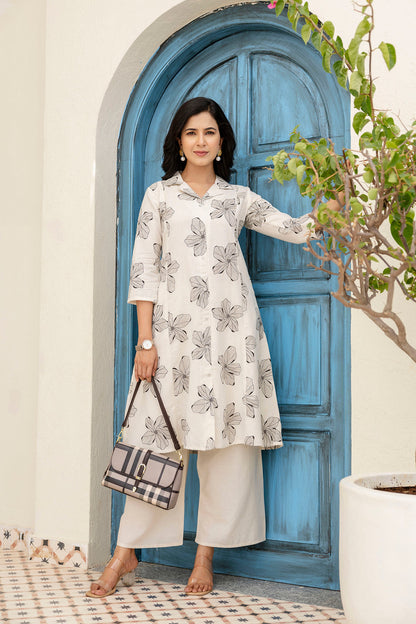 Off-White Printed Pure Cotton Coord Set For Women | LASVINI - Redefining Indian Fashion with Elegance