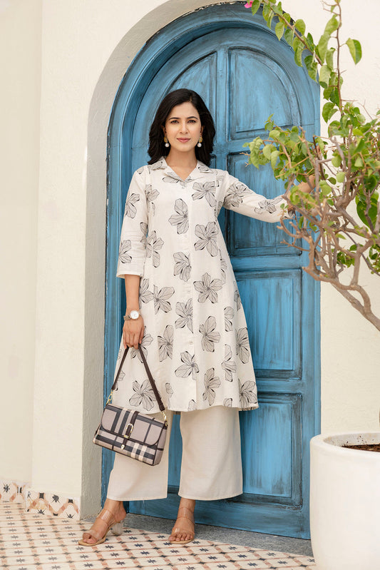 Off-White Printed Pure Cotton Coord Set For Women | LASVINI - Redefining Indian Fashion with Elegance