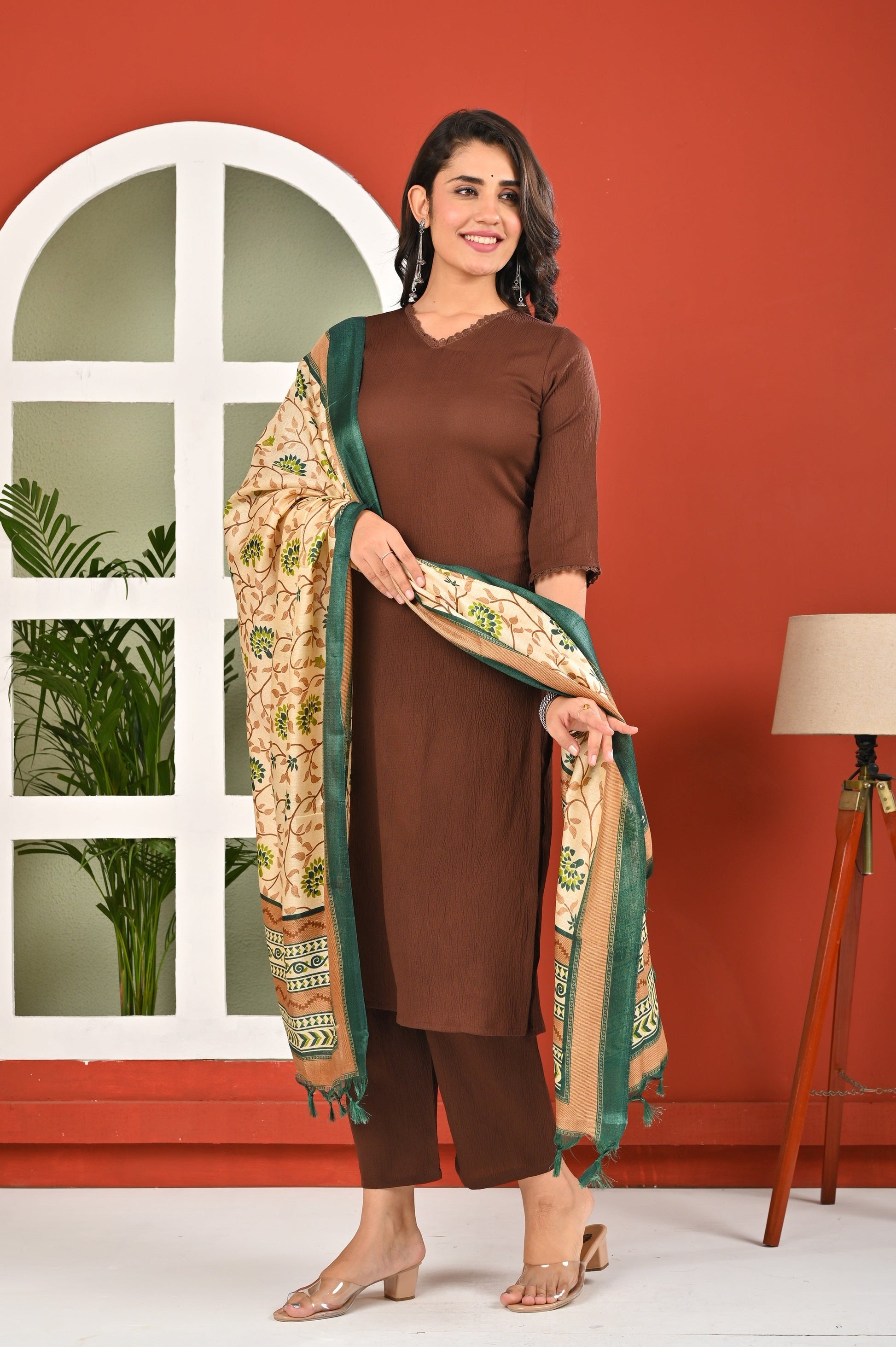 Brown Solid Kurta Set with Dupatta for Women | LASVINI - Redefining Indian Fashion with Elegance