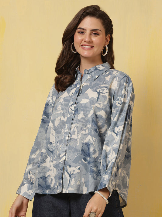 Blue & White Floral Printed Shirt for Women | LASVINI - Redefining Indian Fashion with Elegance