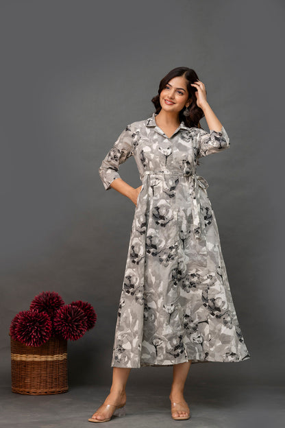 Grey Printed Dress fro Women | LASVINI - Redefining Indian Fashion with Elegance