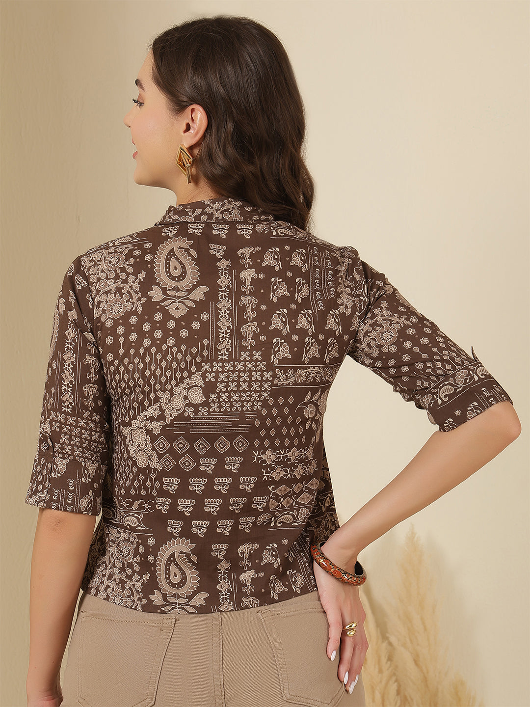 Brown Printed Straight Crop Top | LASVINI - Redefining Indian Fashion with Elegance