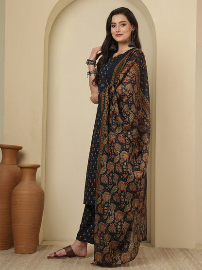 Blue Printed Kurta Set with Dupatta for Women | LASVINI - Redefining Indian Fashion with Elegance