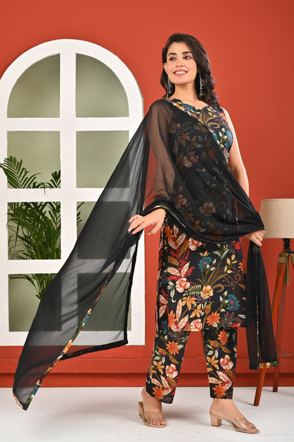 Black Printed Kurta Set with Dupatta for Women | LASVINI - Redefining Indian Fashion with Elegance
