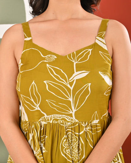 Olive Tropical Printed Dress for Women | LASVINI - Redefining Indian Fashion with Elegance