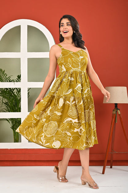 Olive Tropical Printed Dress for Women | LASVINI - Redefining Indian Fashion with Elegance