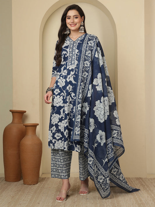 Blue Printed Kurta Set with Dupatta for Women | LASVINI - Redefining Indian Fashion with Elegance