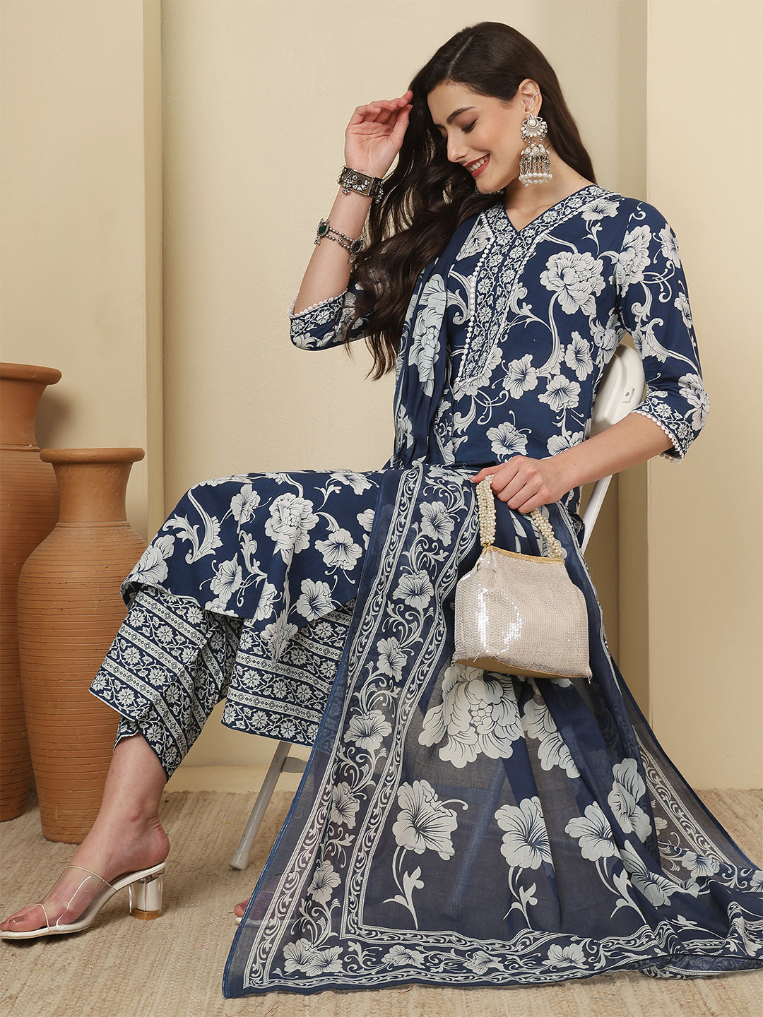 Blue Printed Kurta Set with Dupatta for Women | LASVINI - Redefining Indian Fashion with Elegance