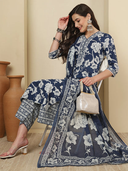 Blue Printed Kurta Set with Dupatta for Women | LASVINI - Redefining Indian Fashion with Elegance