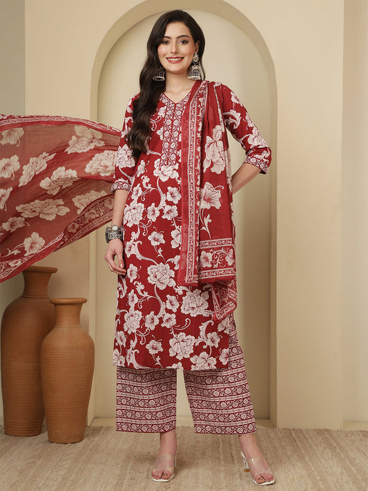 Maroon Printed Kurta Set with Dupatta for Women | LASVINI - Redefining Indian Fashion with Elegance