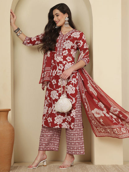Maroon Printed Kurta Set with Dupatta for Women | LASVINI - Redefining Indian Fashion with Elegance