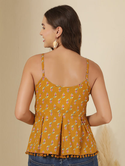 Yellow Printed Sleeveless Top for Women | LASVINI - Redefining Indian Fashion with Elegance