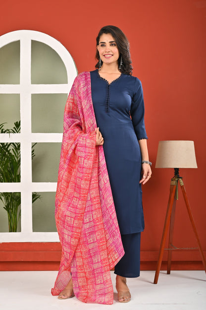 Blue Solid Kurta Set with Dupatta for Women | LASVINI - Redefining Indian Fashion with Elegance