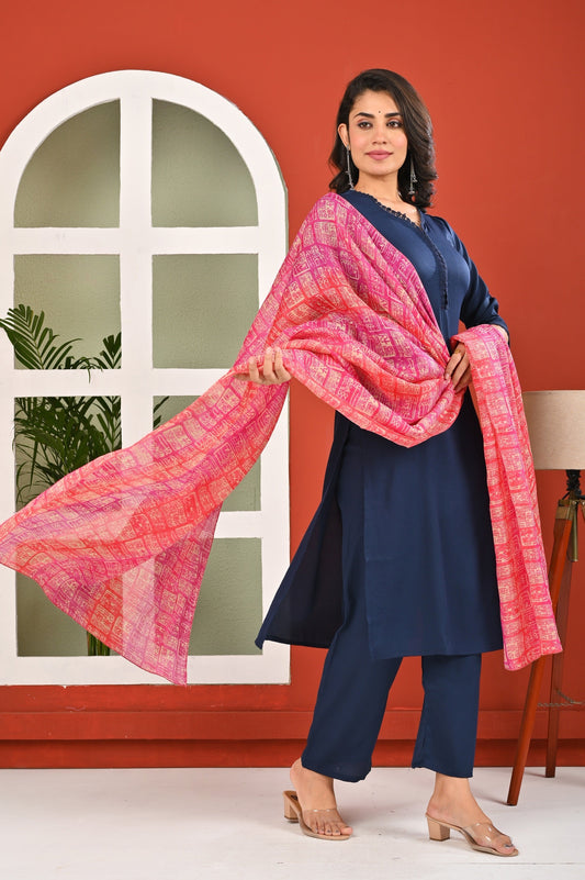 Blue Solid Kurta Set with Dupatta for Women | LASVINI - Redefining Indian Fashion with Elegance