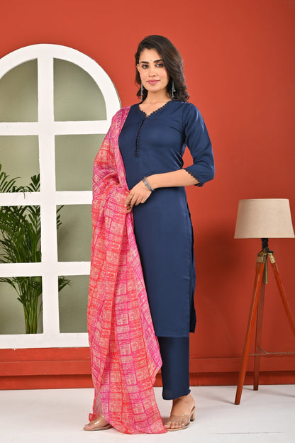 Blue Solid Kurta Set with Dupatta for Women | LASVINI - Redefining Indian Fashion with Elegance