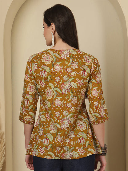 Mustard Floral Printed Top for Women | LASVINI - Redefining Indian Fashion with Elegance