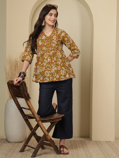 Mustard Floral Printed Top for Women | LASVINI - Redefining Indian Fashion with Elegance